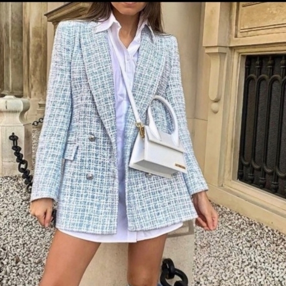 Zara textured tweed double breasted blazer blue size XS
